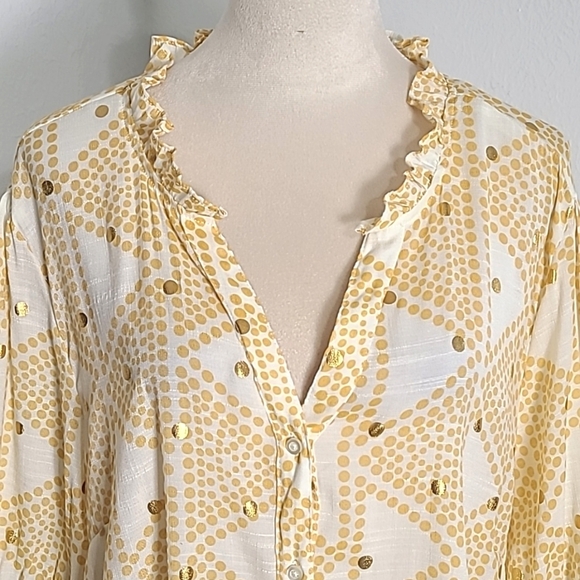 Alex & Parker Gold & White Dotted Buttondown Blouse, Ruffled Neckline, Size 2X - Picture 2 of 9